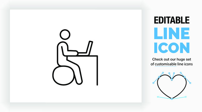Editable line icon of a stick figure sitting on a ergonomic ball