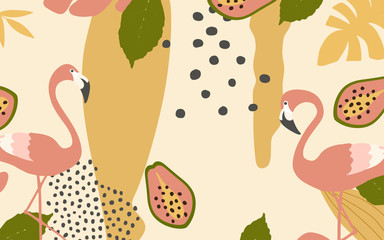 Colorful flowers and leaves poster background with flamingos vector illustration design. Exotic tropical art print for travel and holiday, fabric, fashion, spa and wellness