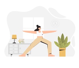 A young woman doing yoga in a cozy room with a modern interior, the concept of yoga, home fitness and stay at home. Flat style vector illustration. Sport and fitness, healthy lifestyle.
