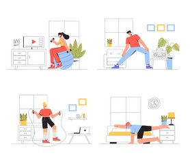 People, man and woman doing workout indoor, morning exercise. Sport exercise at home set.  Concept of yoga and fitness at home, healthy lifestyle. Vector illustration in flat style. 