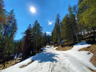 The early spring atmosphere with the last remnants of winter and snow in the Eigental alpine...