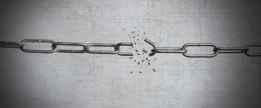 Broken metal chain on grey background. Freedom concept