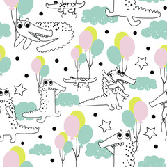 Hand drawn vector illustration. Scandinavian style. Crocodile with balloon and polka dots. White background. Cute cartoon seamless pattern.