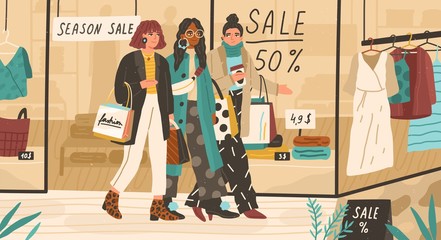 Trendy girls shopping together. Modern young women walking near fashion outlet or boutique and holding bags with purchases. Seasonal sale, discounts. Vector illustration in flat cartoon style