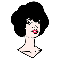 head of a woman with 20s hairstyle. curls, red lips, avatar, comic.