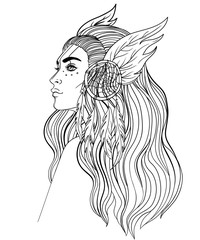 Isolated on white illustration of Native American Indian girl with feathers and dream catcher. Tribal Fusion Boho Diva.