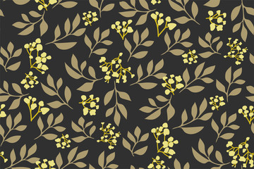 Elegant vector pattern in small flowers, leaves on a dark green background. Liberty style. Floral seamless background for textile, book covers, wallpapers, print, gift wrap... Modern vintage design.