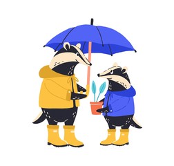 Cute badger family standing together isolated on white background. Animal parent and cub dressed in coat and rubber boots hold umbrella and house plant. Vector illustration in flat cartoon style