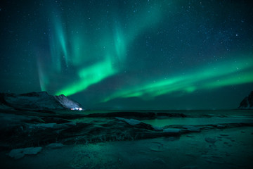 Naklejka premium polar lights also called northern lights or aurora borealis in northern norway during winter above a fjord and snow covered mountains