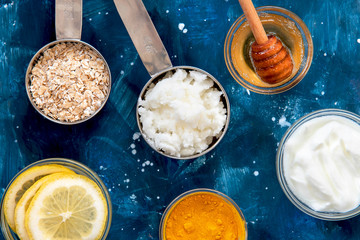 Homemade cosmetics ingredients for skincare, body. Top view