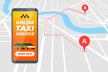 Smartphone with online taxi ordering service app concept. Cab transfer route and geotag gps location pin arrival address on city map. Get taxicab positioning application flat vector illustration