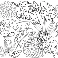 Tapeten Eine Linie Vector Illustration von schwarzen Silhouetten mit tropischen Blättern in einer Zeile auf einem nahtlosen Muster des weißen Hintergrundes. Sommerkonzept