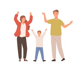 Happy jewish family standing together with raised hands. Smiling parents and child isolated on white background. Colorful vector illustration in flat cartoon style