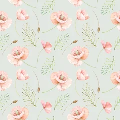 Wallpaper murals Poppies Seamless watercolor pattern of wild flowers. Flower background of poppies and leaves.