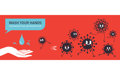 Wash your hands, running away viruses, vector illustration. Hygiene concept, banner design
