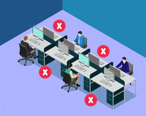 Social distancing at office workstation. Employees are maintain distance during work at workstation. Safety awareness of covid-19 virus. Vector illustration of people are working on a desk.