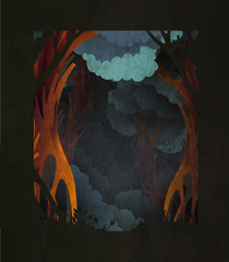 Dark magic fairytale forest background with space for text. Template for poster, print or greeting card