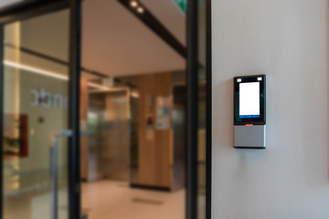 Face scanner on a building entrance wifi system to unlock the door security system. Face scanner...