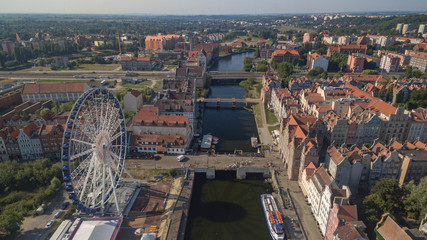 Gdansk, Poland aerial skyline panorama with Motlawa river and famous monuments