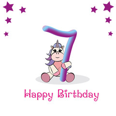 Birthday card with unicorn. Postcards with numbers. Unicorn birthday greetings.
