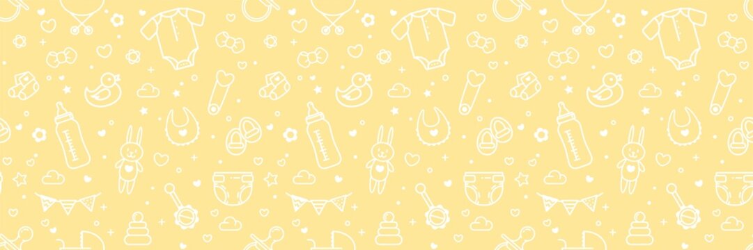 Fototapeta Baby Related Seamless Background In White and Yellow Colors. Vector Cartoon Illustration
