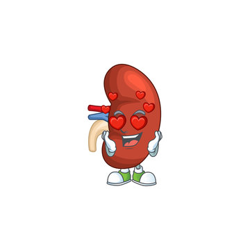 Charming right human kidney cartoon character with a falling in love face