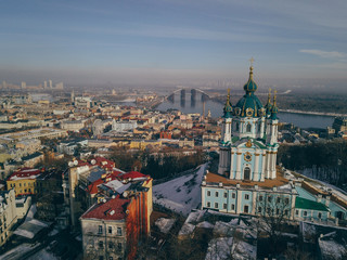 Aerial top view of Saint Andrew's church, cityscape of Kiev (Kyiv) skyline, Ukraine