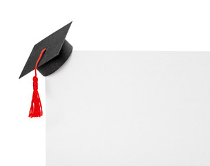 Graduate hat on the corner of paper banner. Mock-up isolated on white background