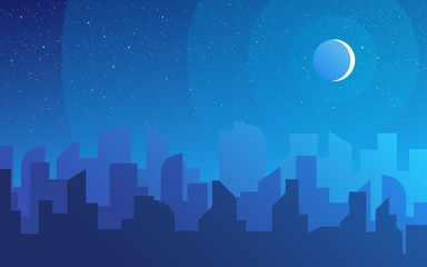 Night city skyline landscape, town buildings in nighttime and urban cityscape town sky. Daytime cityscape. Architecture silhouette of downtown vector background. Flat design