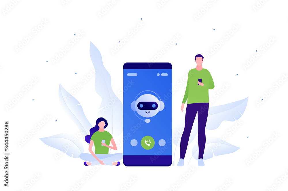 Aufkleber chat bot ai and customer service support concept. vector flat person illustration. man and woman hol