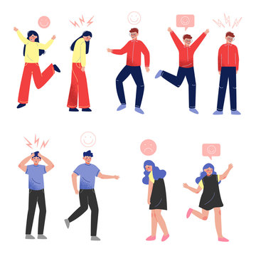 Collection of Young People in Casual Clothing with Various Emotions, Boys and Girls with Signs over Their Heads Vector Illustration