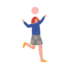 Cheerful Girl in Casual Clothing with Smiley Face above Her Head Vector Illustration