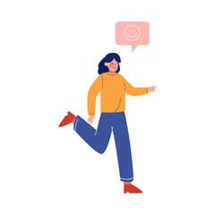 Cheerful Young Women in Casual Clothing with Happy face Speech Bubble above Her Head, Social Communication Vector Illustration