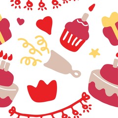 Holiday, birthday seamless pattern. Birthday party icon set. Hand drawn illustration.