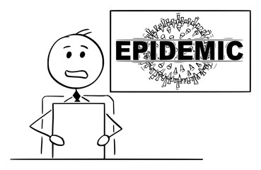Vector cartoon stick figure drawing conceptual illustration of newscaster or newsreader in television studio talking about coronavirus COVID-19 epidemic disease.