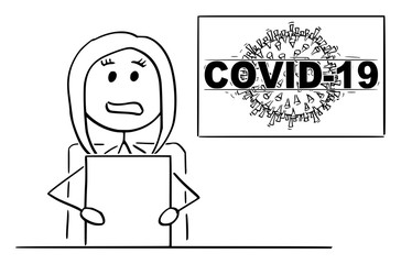 Vector cartoon stick figure drawing conceptual illustration of female newscaster or newsreader in television studio talking about coronavirus COVID-19 epidemic disease.