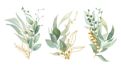 Watercolor floral illustration collection- green and gold leaf bouquet collection, for wedding stationary, greetings, wallpapers, background. Gold and green leaves.