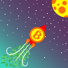 Obraz na płótnie Canvas Bitcoin to the moon. Cryptocurrency Growth Concept.Investor money is pushing bitcoin to the moon. A rocket flies to the moon with a bitcoin icon. Many dollars are flying from him. Vector illustration.