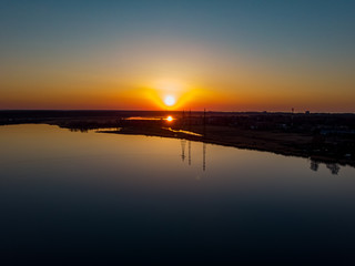 Naklejka na ściany i meble Beautiful shore riverside Lielupe photo with late sunset. Photo taken in Europe, Latvia.