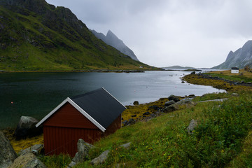 Eenzame rode hut aan de kust van Reinefjorden in een regenachtige dag op de Lofoten-eilanden in Noorwegen