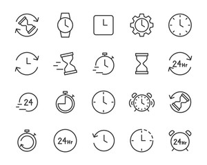 set of time icons, clock, watch, hourglass, timer, alarm