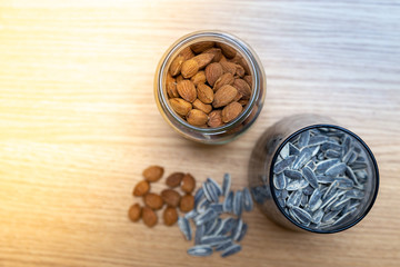 Mixed seeds food background, photo with copy space, super food concepts