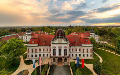 Hungary Godollo. Aerial photo about the Royal castle of city. Sissy queen summer palace.