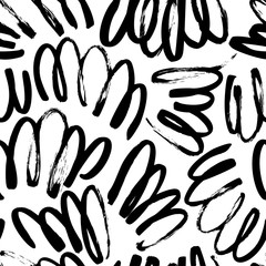 Wavy and swirled brush strokes vector seamless pattern. Black paint freehand scribbles, abstract ink background.