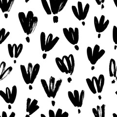 Brush black loose flowers vector seamless pattern. Hand drawn black paint ink illustration with abstract floral motif.