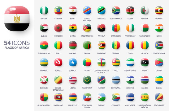 Realistic 3d glossy icons of African countries, African flags. Vector illustration