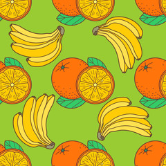 Banana and Orange fruit seamless pattern. Flat style vector illustration.