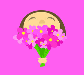 baby girl kids holding bouquet flowers foward giving gift isolated on pink background