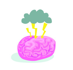 pink brain dark cloud mind lightning thinking brainstorm icon isolated on white background
