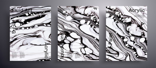 Abstract liquid poster, fluid art vector texture set. Artistic background that can be used for design cover, invitation, flyer and etc. Black and white unusual creative surface template